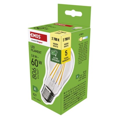 EMOS LED žárovka Filament A60 / E27 / 3,8 W (60 W) / 806 lm