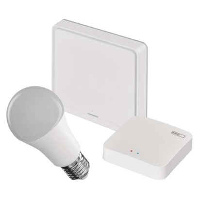 Sada GoSmart: 1x LED žárovka E27 / 9W / RGB / Zigbee,  1x ovladač scén, 1x ZigBee brána