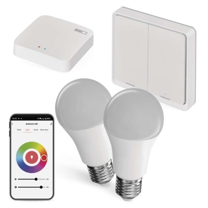 Sada GoSmart: 2x LED žárovka E27 / 11W / RGB / Zigbee,  1x ovladač scén, 1x ZigBee brána