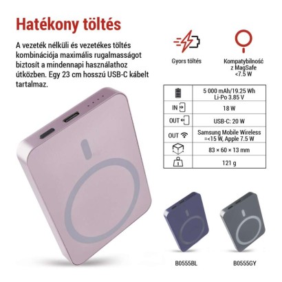 EMOS Powerbank WI 522, 5 000 mAh, 20 W+Wireless, lazac