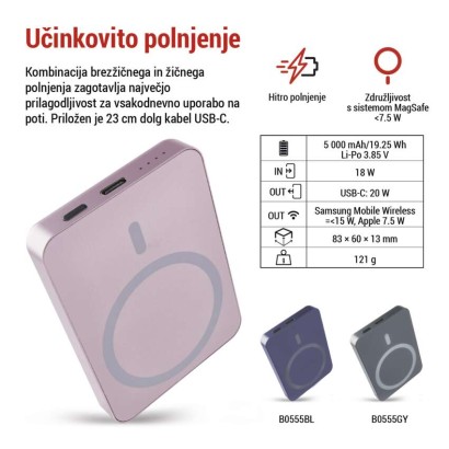 EMOS powerbank WI 522, 5 000 mAh, 20 W+Wireless, lososova