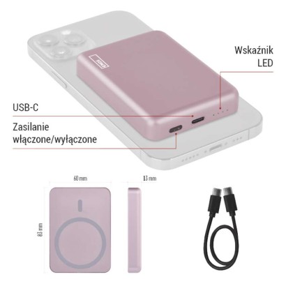 Powerbank EMOS WI 522, 5 000 mAh, 20 W+Wireless, baby pink