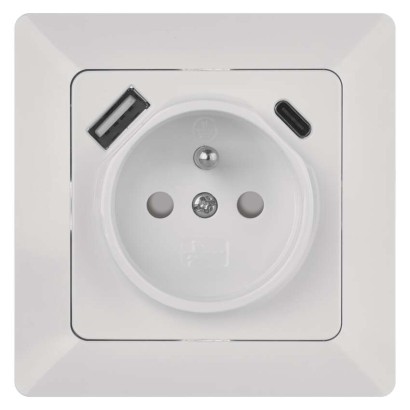 Gniazdo FRENCH z USB A+USB C. IP20 błyszczące białe