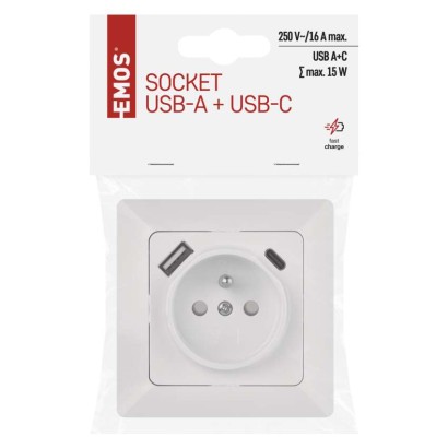 Gniazdo FRENCH z USB A+USB C. IP20 błyszczące białe