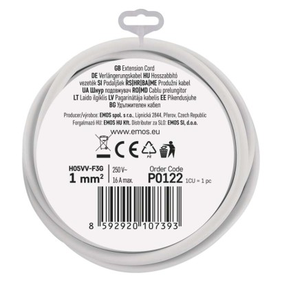 Ilgintuvas 2 m / 1 lizdas / baltas / PVC / 1 mm2 