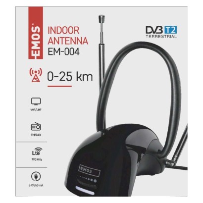 Anténa pokojová EM-004, 0–25 km, DVB-T2, DAB, FM, filtr LTE/4G