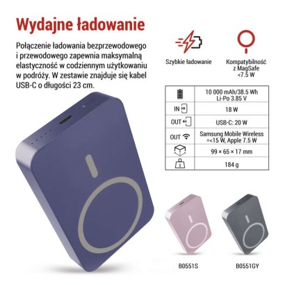 Powerbank EMOS WI 1046, 10 000 mAh, 20 W+Wireless, future dusk