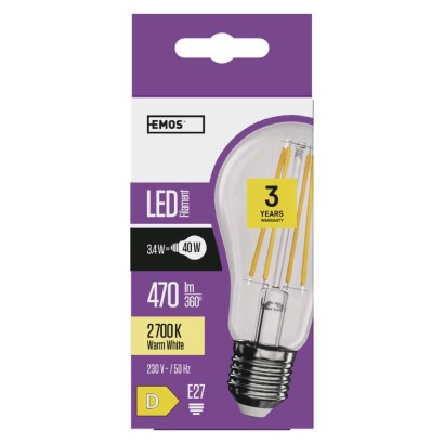 LED žárovka Filament A60 / E27 / 3,4 W (40 W) / 470 lm / teplá bílá