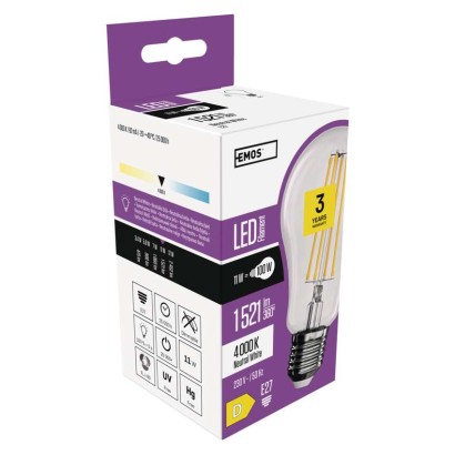 LED izzó Filament A60 / E27 / 11 W (100 W) / 1 521 lm / természetes fehér