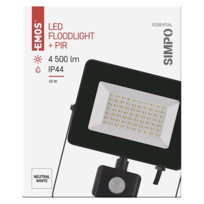 LED reflektor SIMPO s pohybovým čidlem, 50 W, černý, neutrální bílá