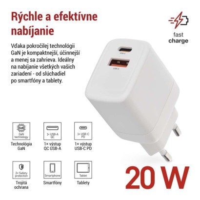 Univerzálny USB adaptér GaN do siete PD 20 W max.