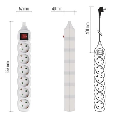Prailginimo laidas 1,4 m / 6 lizdai / baltas / PVC / 1 mm2