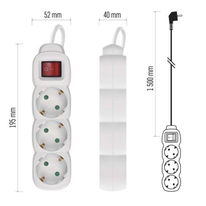 Ilgintuvas 1,5 m / 3 lizdai / su jungikliu / baltas / PVC / 1 mm2 