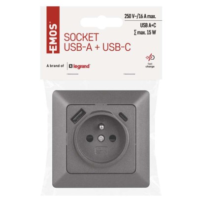 Zásuvka s USB-A+USB-C, antracit