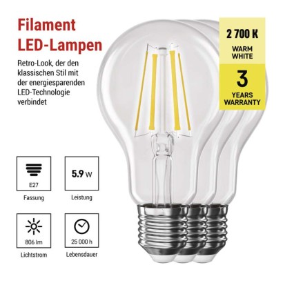 LED Lampe Filament A60 / E27 / 5,9 W (60 W) / 806 lm / Warmweiß