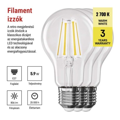 LED izzó Filament A60 / E27 / 5,9 W (60 W) / 806 lm / Meleg fehér