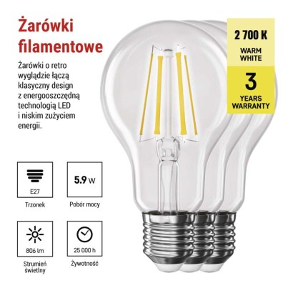 Żarówka LED Filament A60 / E27 / 5,9 W (60 W) / 806 lm / Ciepła biel