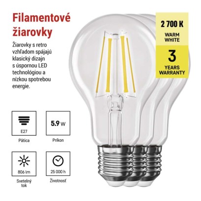 LED žiarovka Filament A60 / E27 / 5,9 W (60 W) / 806 lm / Teplá biela