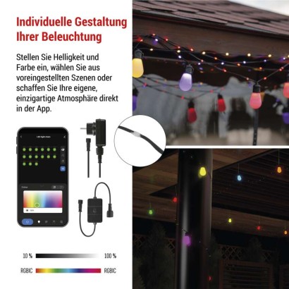 GoSmart LED-Lichterkette – 15× Party-Glühbirnen, 15 m, für außen und innen, RGBIC WiFi