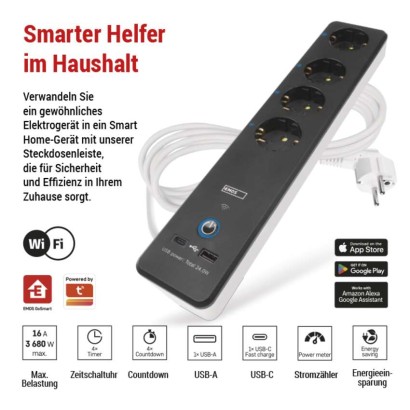 GoSmart Steckdosenleiste + Schalter - 2 m, 4 Steckdosen, USB, weiss-schwarz, PVC, 1,5 mm2