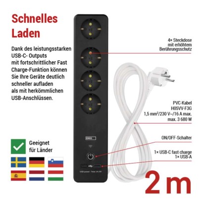 GoSmart Steckdosenleiste + Schalter - 2 m, 4 Steckdosen, USB, weiss-schwarz, PVC, 1,5 mm2
