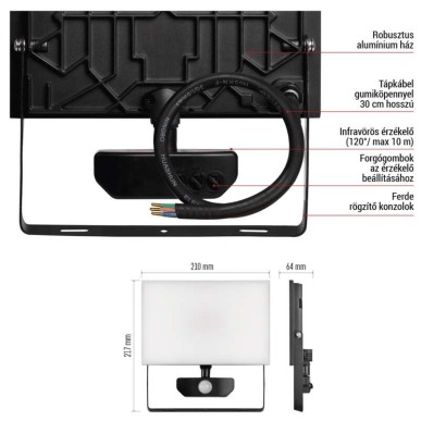 LED-es reflektor TAMBO mozgásérzékelővel, 50 W, 5000 lm, fekete