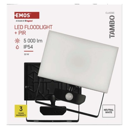 LED-es reflektor TAMBO mozgásérzékelővel, 50 W, 5000 lm, fekete