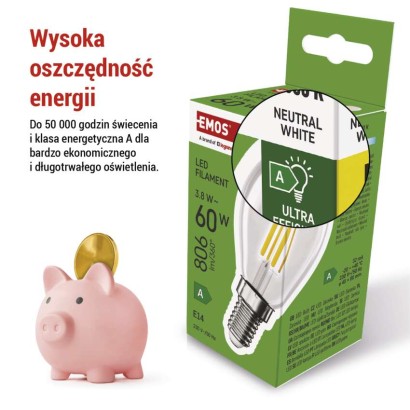 Żarówka LED Filament Mini Globe A CLASS/ E14 / 3,8 W (60 W) / 806 lm / neutralna biel