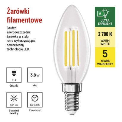 Żarówka LED Filament świeczka A CLASS / E14 / 3,8 W (60 W) / 806 lm / ciepła biel
