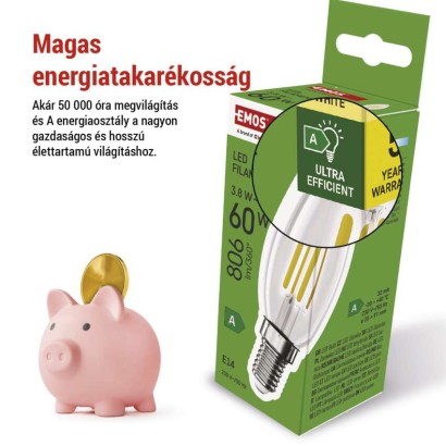 LED izzó Filament gyertya A CLASS/ E14 / 3,8 W (60 W) / 806 lm / Meleg fehér