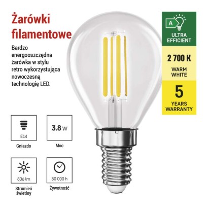 Żarówka LED Filament Mini Globe A CLASS / E14 / 3,8 W (60 W) / 806 lm / ciepła biel