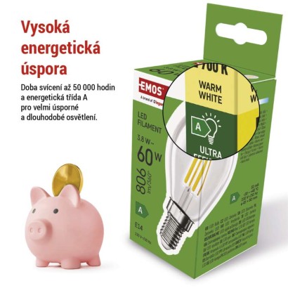 LED žárovka Filament Mini Globe A CLASS/ E14 / 3,8 W (60 W) / 806 lm / teplá bílá
