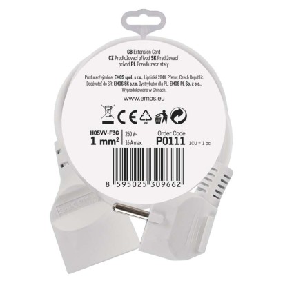 Przedłużacz 1,5 m / 1 gniazdo / biały / PVC / 1 mm2