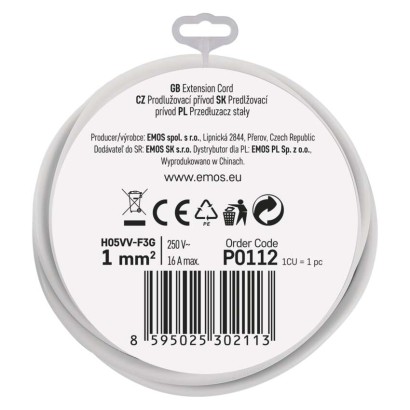 Przedłużacz 2 m / 1 gniazdo / biały / PVC / 1 mm2