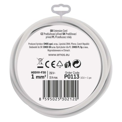 Prodlužovací kabel 3 m / 1 zásuvka / bílý / PVC / 1 mm2