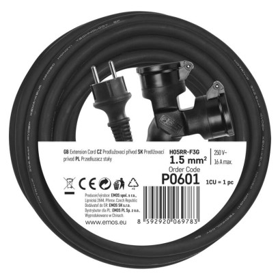 Venkovní prodlužovací kabel 10 m / 2 zásuvky / černý / guma / 230 V / 1,5 mm2