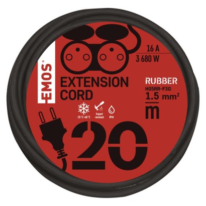 Przedłużacz ogrodowy 20 m / 2 gniazda / czarny / guma / 230 V / 1,5 mm2