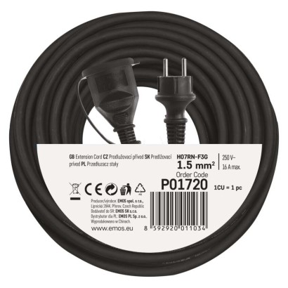 Venkovní prodlužovací kabel 20 m / 1 zásuvka / černý / guma-neopren / 230 V / 1,5 mm2