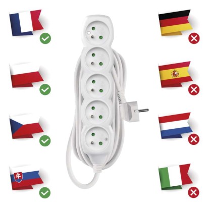 Predlžovací kábel 10 m / 5 zásuviek / biely / PVC / 1 mm2