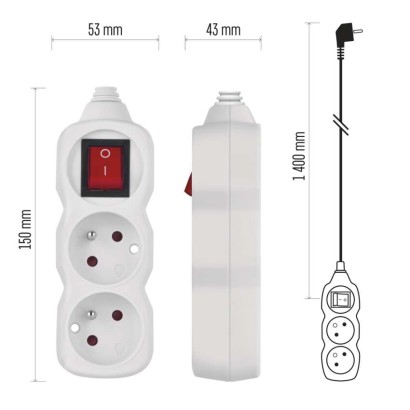 Prodlužovací kabel 1,4 m / 2 zásuvky / s vypínačem / bílý / PVC / 1 mm2