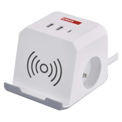 Przedłużacz - kostka 2 m / 2 gniazda / biały / 2×USB-A + 1×USB-C+Qi / 1,5 mm2