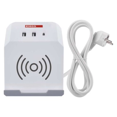 Przedłużacz - kostka 2 m / 2 gniazda / biały / 2×USB-A + 1×USB-C+Qi / 1,5 mm2