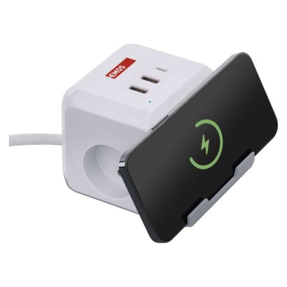 Przedłużacz - kostka 2 m / 2 gniazda / biały / 2×USB-A + 1×USB-C+Qi / 1,5 mm2