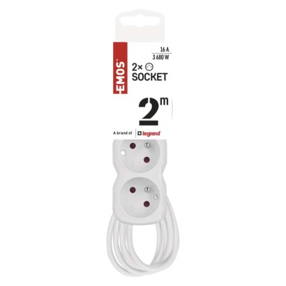 Prodlužovací kabel 2 m / 2 zásuvky / s vypínačem / bílý / PVC / 1 mm2