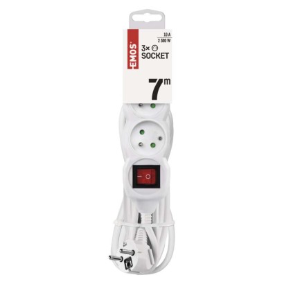Prodlužovací kabel 7 m / 3 zásuvky / s vypínačem / bílý / PVC / 1 mm2