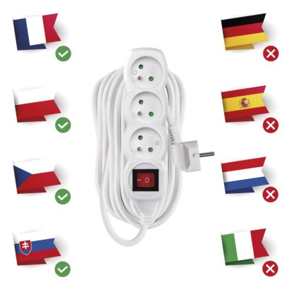 Prodlužovací kabel 10 m / 3 zásuvky / s vypínačem / bílý / PVC / 1,5 mm2