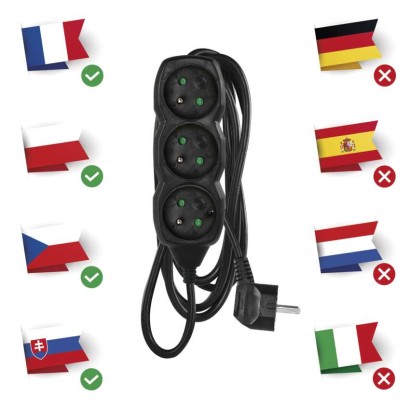 Predlžovací kábel 3 m / 3 zásuvky / čierny / PVC / 1 mm2