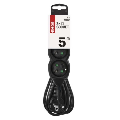 Prodlužovací kabel 5 m / 3 zásuvky / černý / PVC / 1 mm2