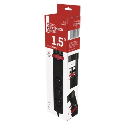 Prodlužovací kabel 1,5 m/3 zásuvky/vypínač/uchycení na stůl/USB/černý/PVC/1,5 mm2 
