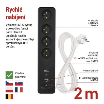 GoSmart prodlužovací kabel 2 m / 4 zásuvky / s vyp. / s USB / bílá-černá / PVC / 1,5 mm2